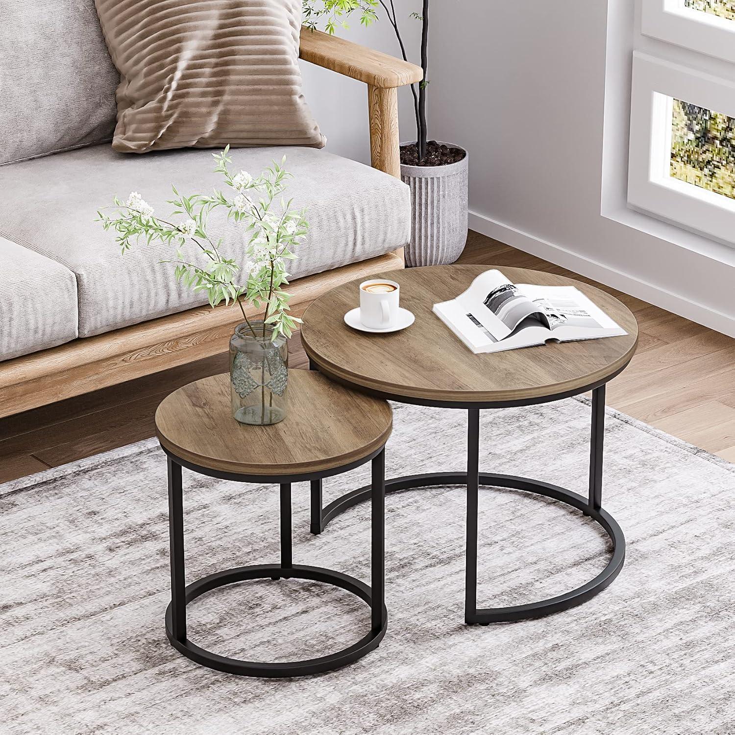 Modern Round Black Wood Grain Nesting Coffee Table Set