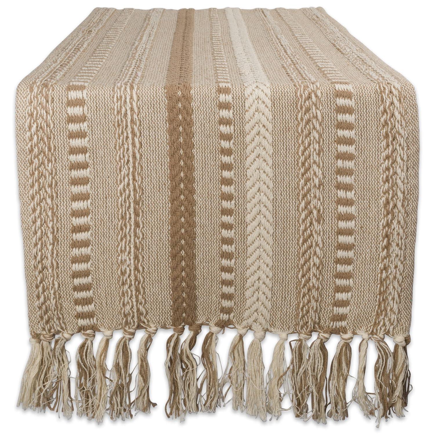 Design Imports  Braided Stripe Jacquard Fringe Table Runner, 15X72", Stone