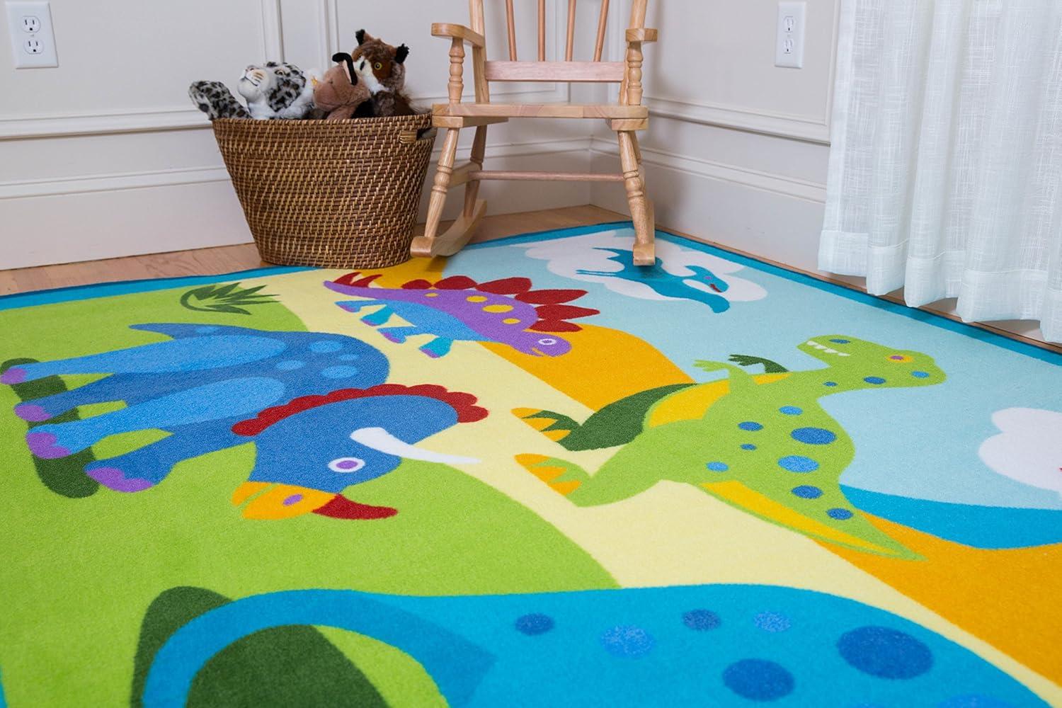 Blue Dinosaur Land Rectangular Kids Rug with Non-Slip Backing