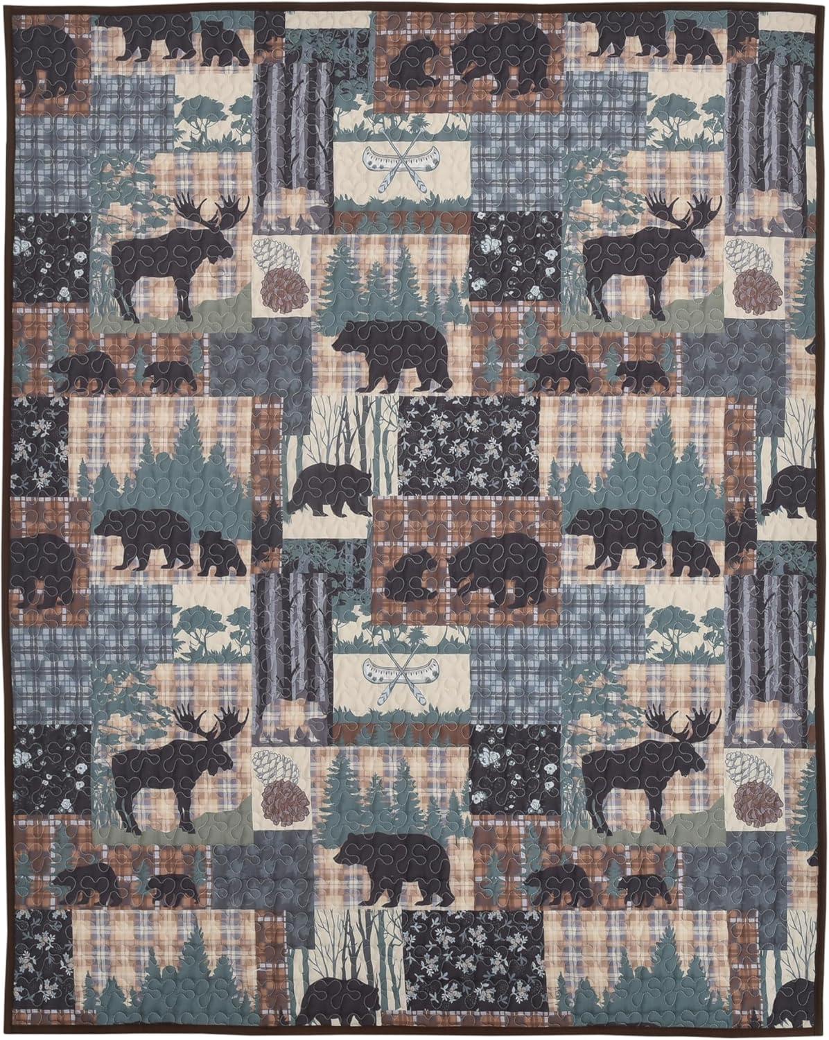 De Leon Collections Grand Bear Lodge Woodland Forest Outdoor Nature Patchwork 60" x 50" Decorative Quilt Throw Blanket