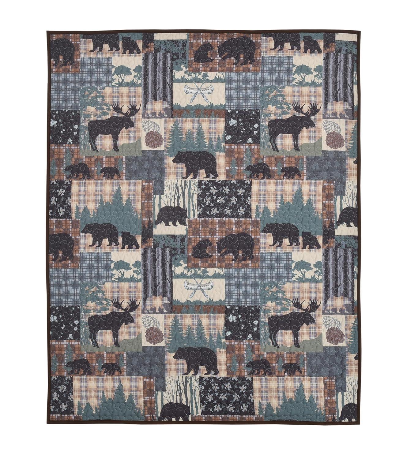 De Leon Collections Grand Bear Lodge Woodland Forest Outdoor Nature Patchwork 60" x 50" Decorative Quilt Throw Blanket