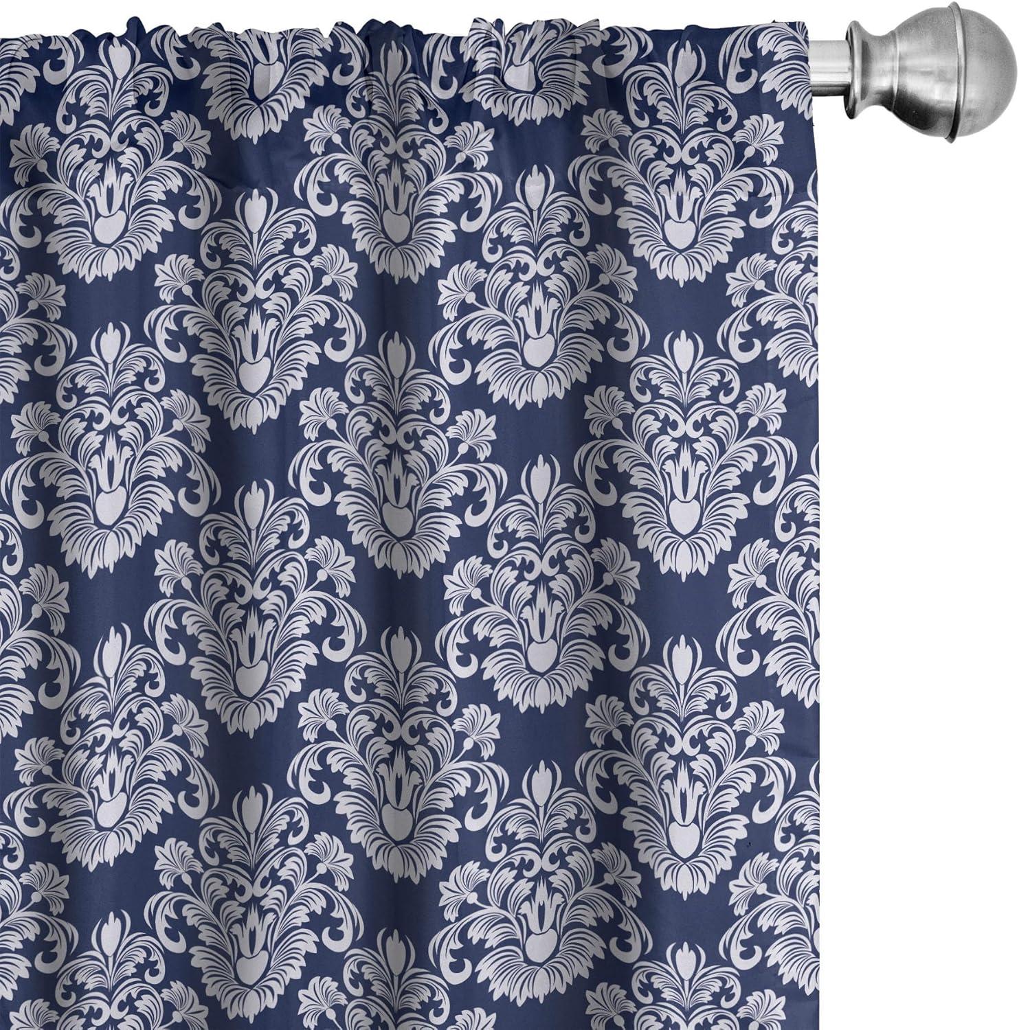 Ambesonne Navy Blue Curtains, Floral Antique Damask, Pair of 28"x63", Dark Blue White