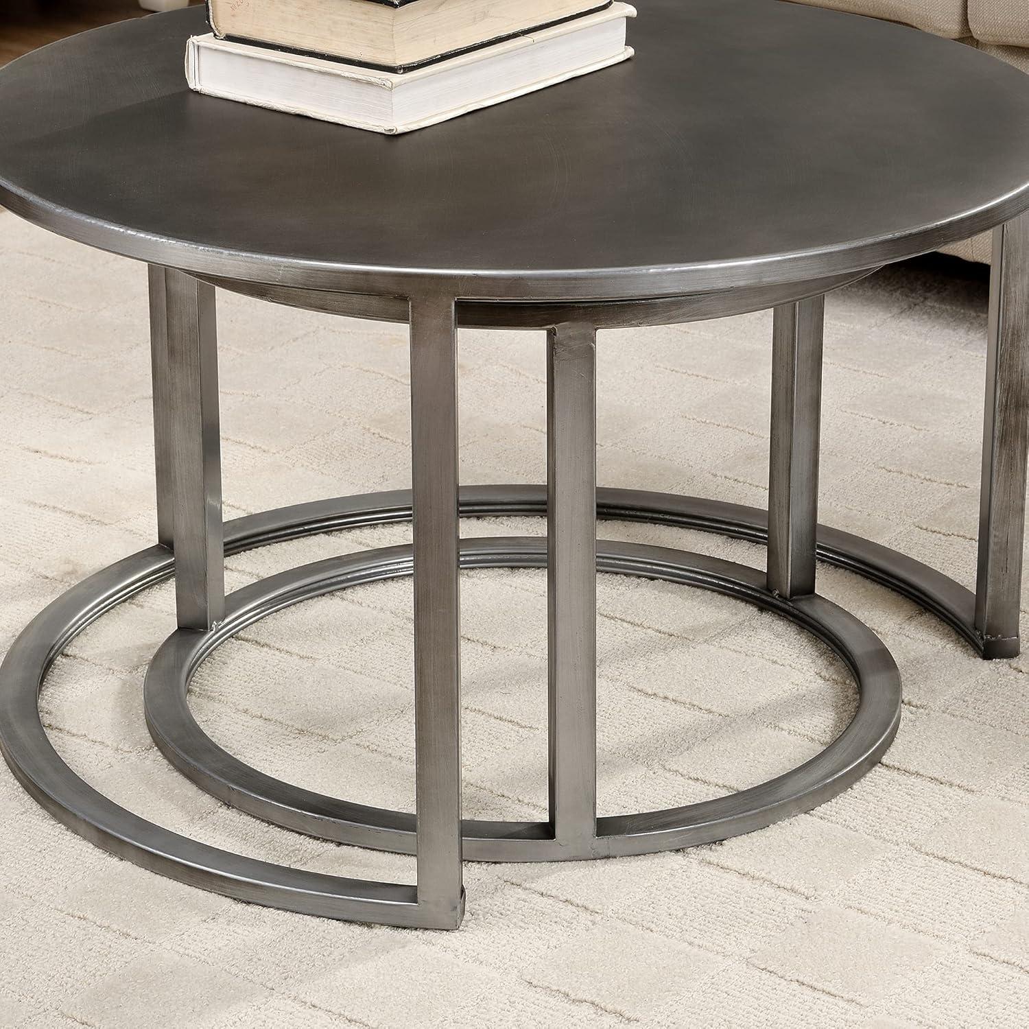 Aged Silver Round Metal Nesting Coffee Table 2-Piece Set