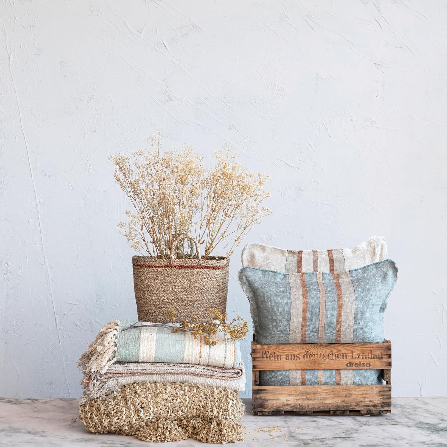 Blue and Cream Striped Cotton Throw with Fringe