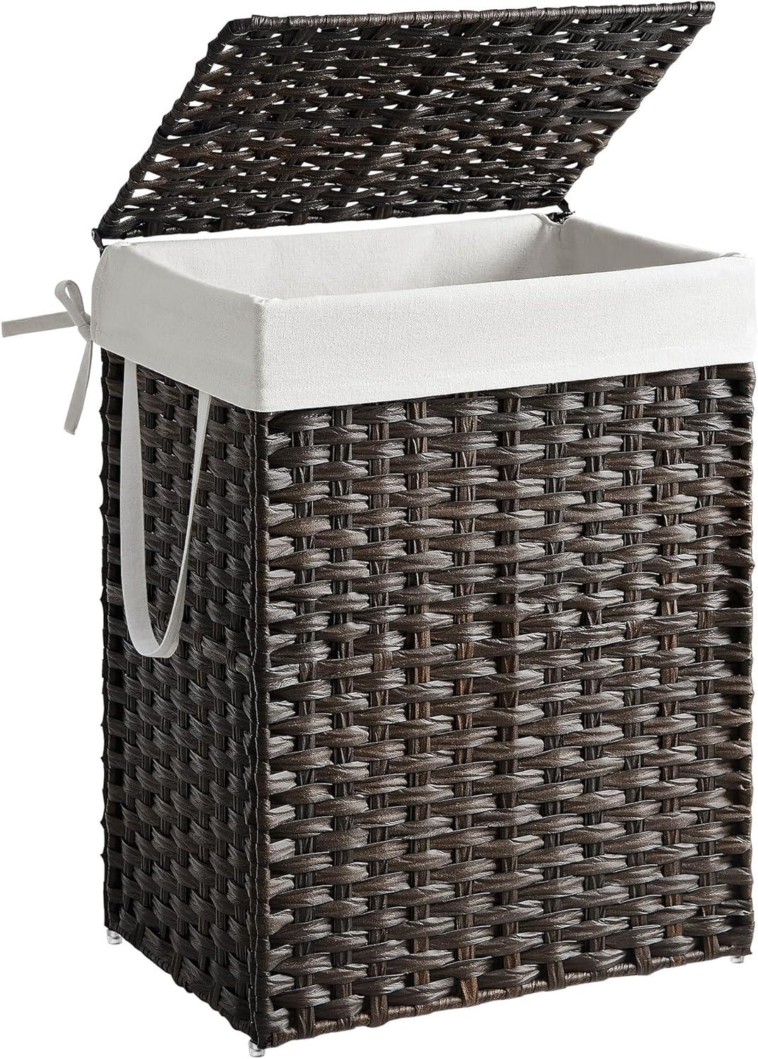 SONGMICS 23.8 Gal (90L) Laundry Hamper Laundry Basket with Lid and Handles Wicker hamper Foldable Removable Liner Bag Brown