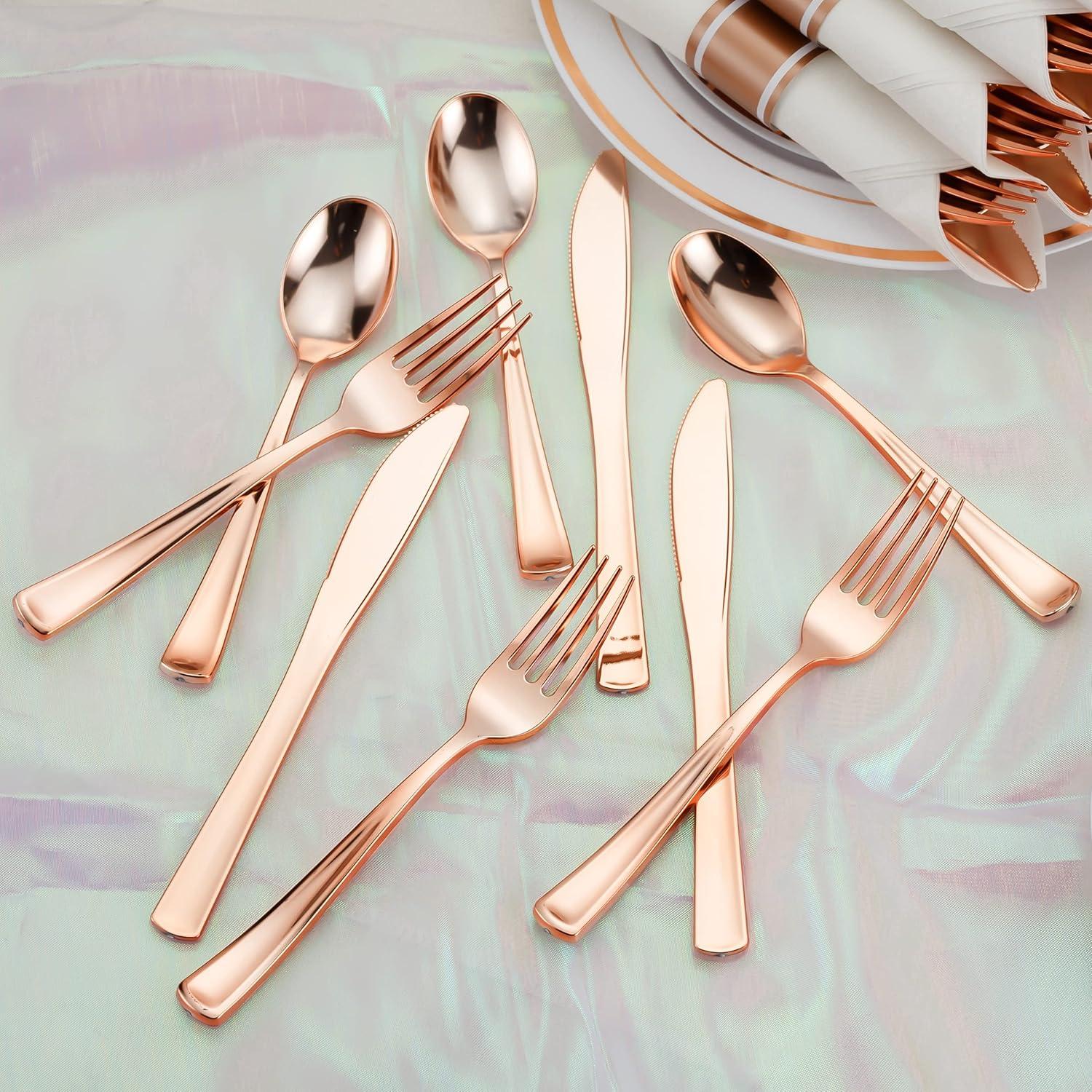 SparkSettings Rose Gold Plastic Silverware, 50 Pre Rolled Napkin and Cutlery Set
