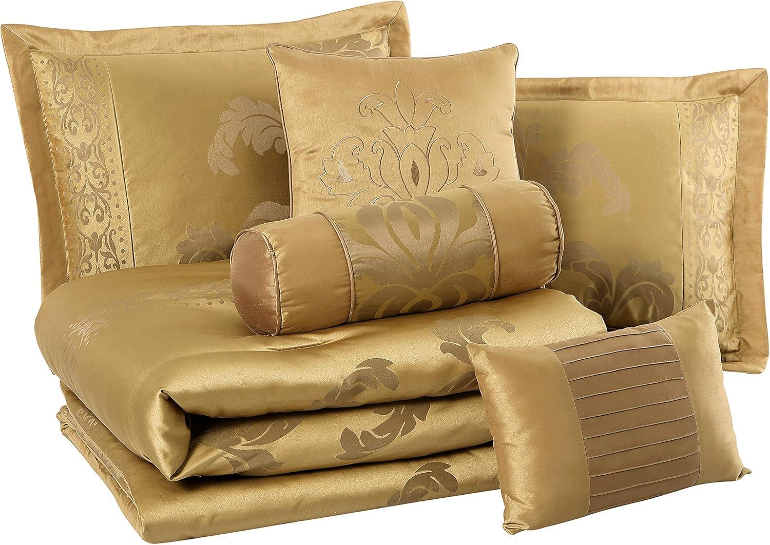 Chezmoi Collection Royal Luxury Jacquard Floral Comforter Set, Queen, Gold, 7-Piece