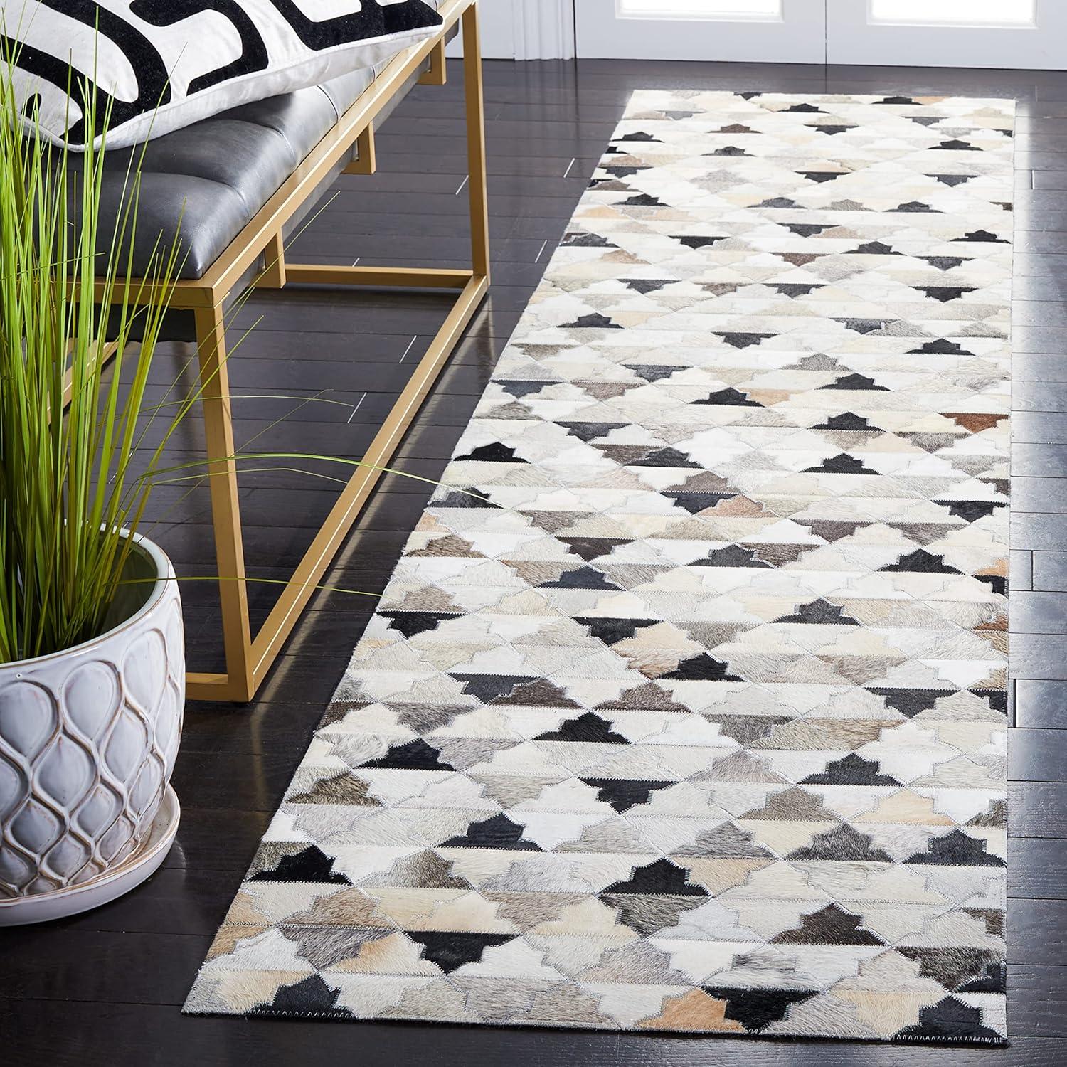 Gray Geometric Flat Woven Cowhide Runner Rug 2'3" x 9'