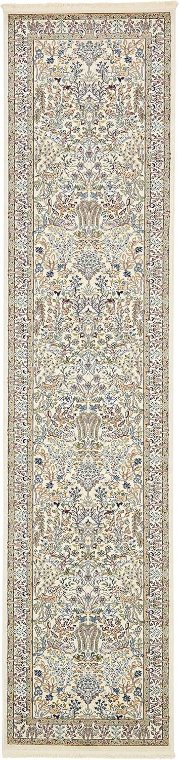 Ivory Floral Synthetic Runner Rug with Stain-Resistant Easy Care