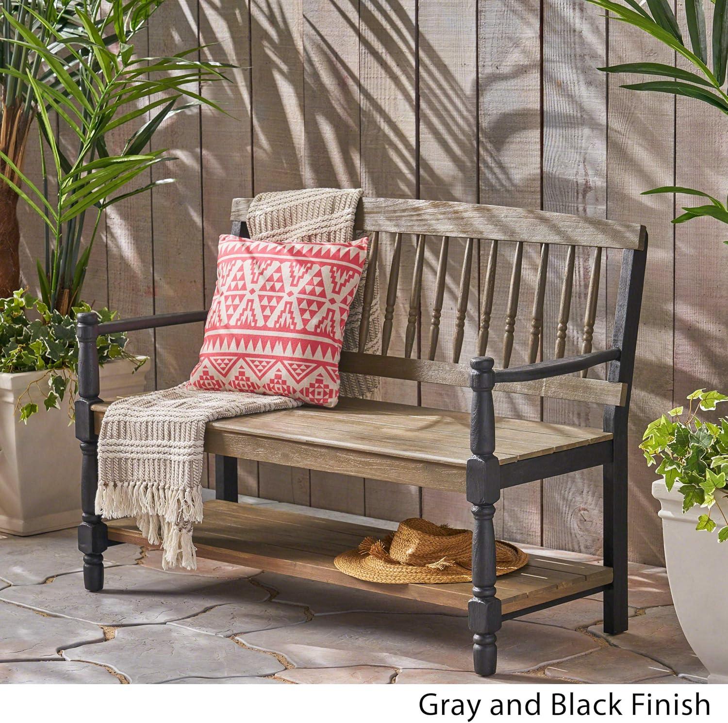 Gray and Black Acacia Wood Farmhouse Bench with Shelf