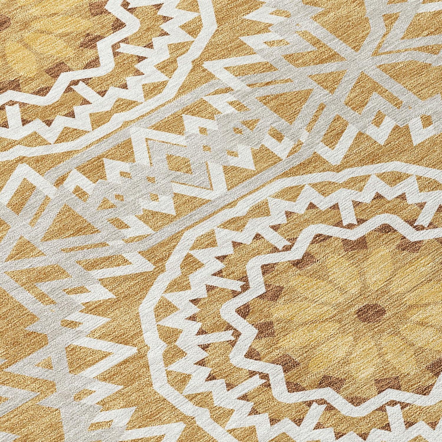 Gold and White Synthetic Flat Woven Runner Rug