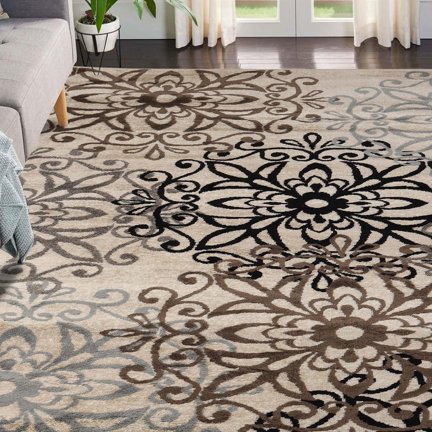 Beige Floral Medallion Polypropylene Area Rug with Jute Backing