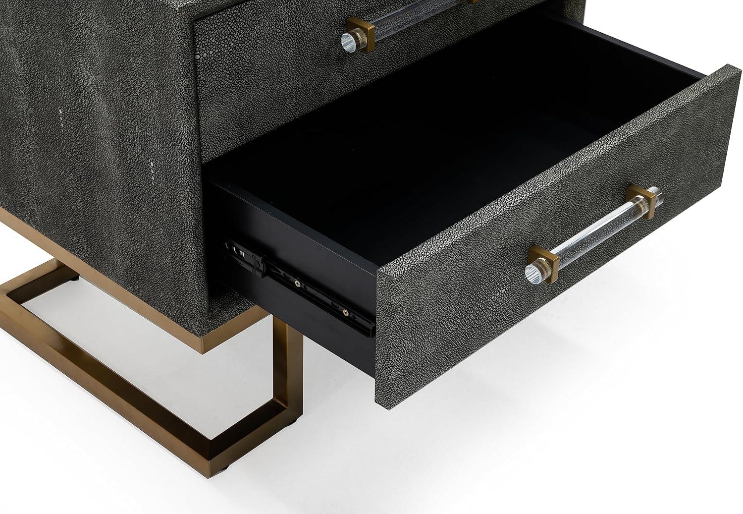 Rosard Collection Modern Bedroom Textured Leatherette Finished Nightstand with 2 Drawers, Grey, Gold