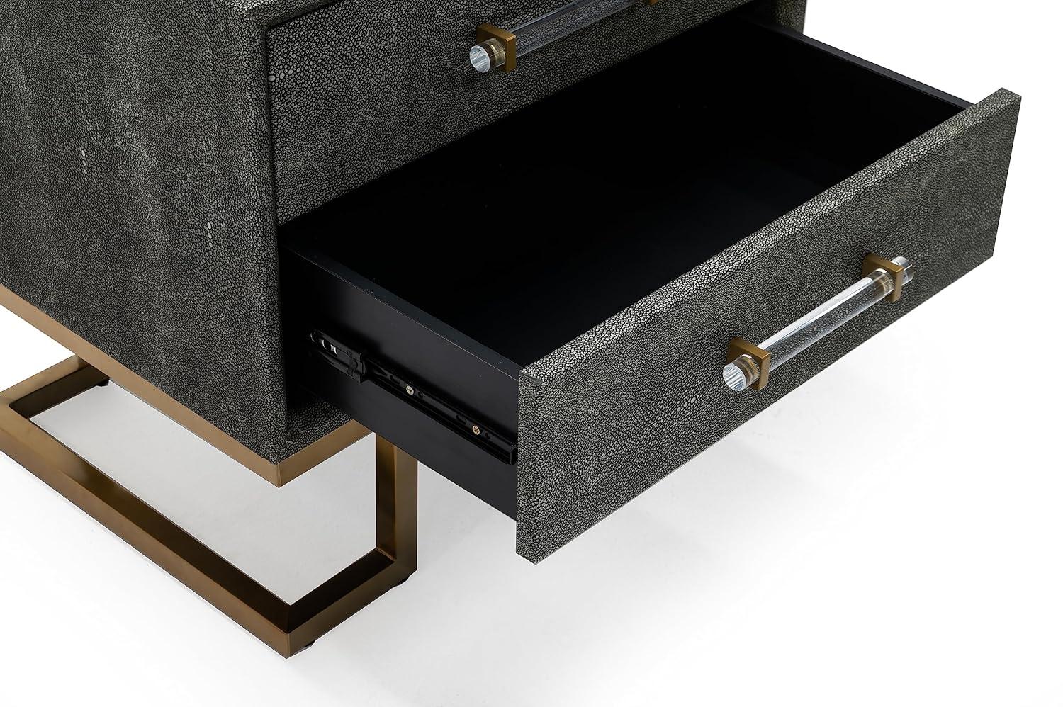 Rosard Collection Modern Bedroom Textured Leatherette Finished Nightstand with 2 Drawers, Grey, Gold