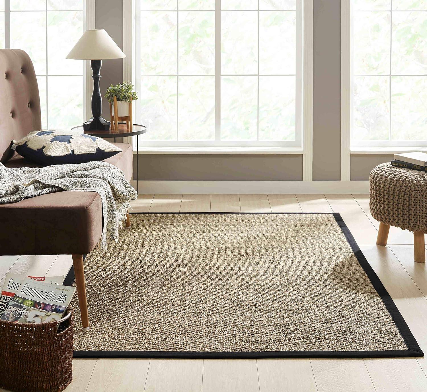 Natural Seagrass Area Rug with Black Cotton Border, 5'x7'