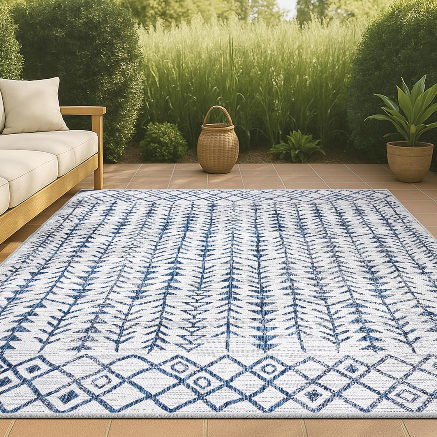 3'x5' Tokay Bohemian Styled Geometric Indoor/Outdoor Area Rug, Ivory/Blue - JONATHAN Y