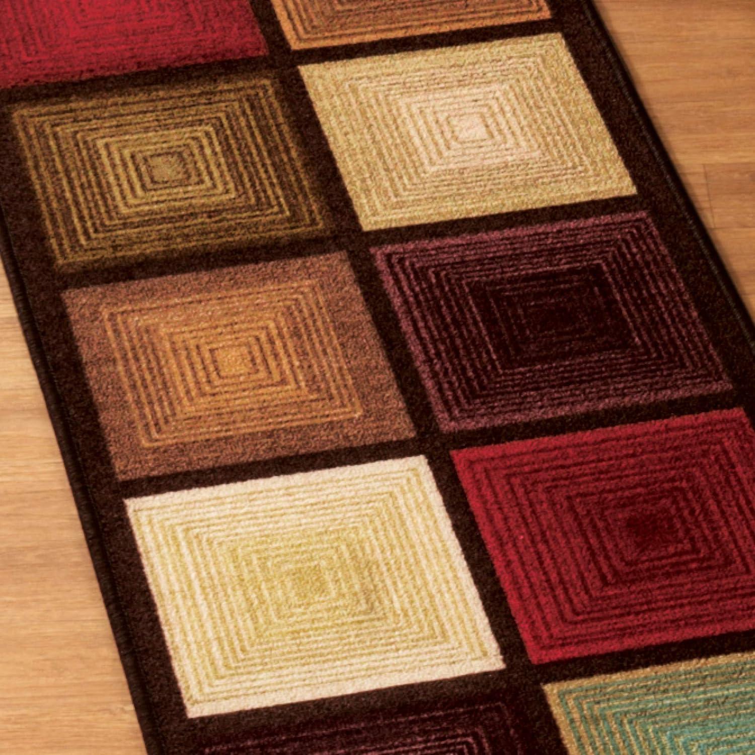 Collections Etc Optic Squares Runner Rug in Deep, Rich Hues - Skid-Resistant Backing Perfect for Hallway, 20" X 90"