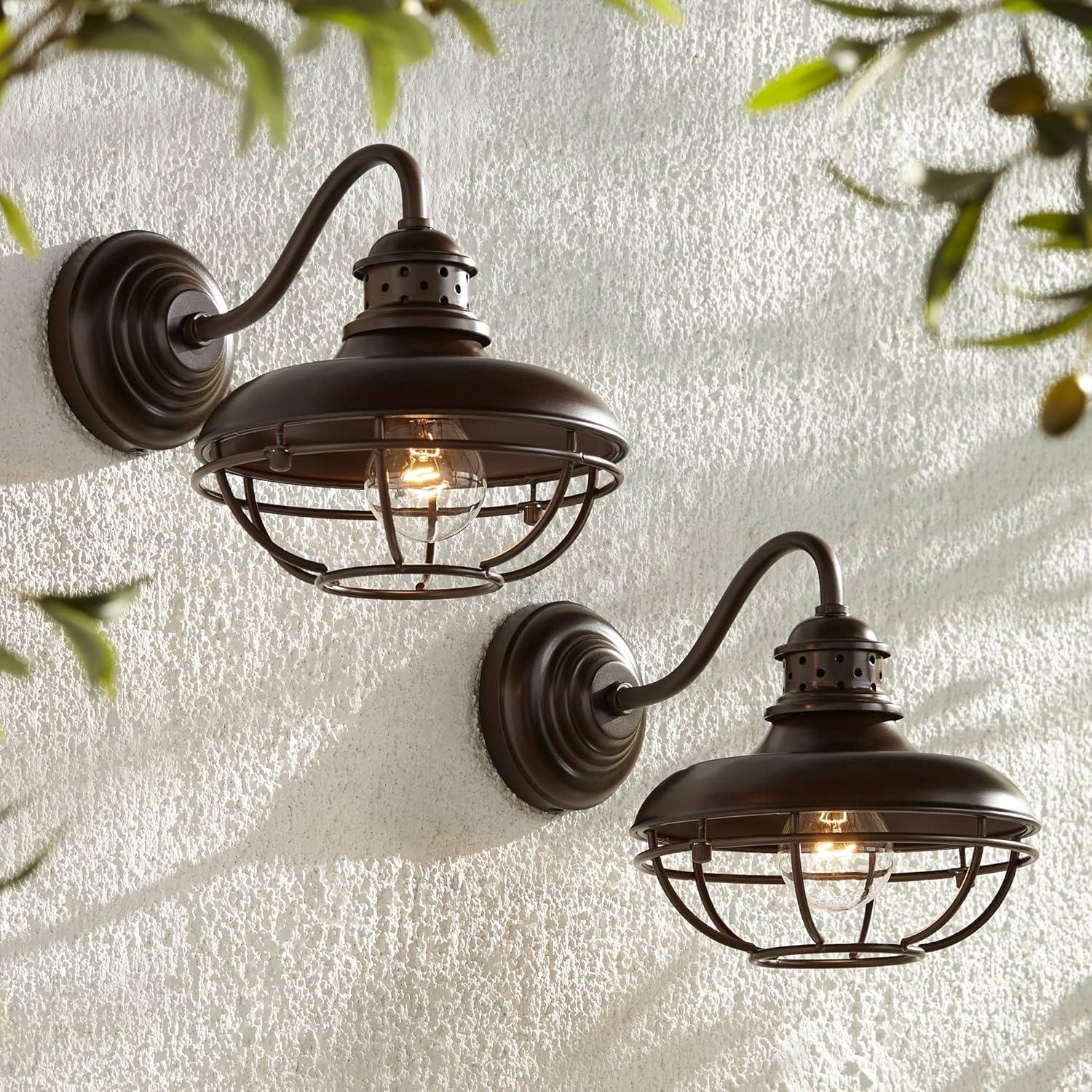 Franklin Iron Works Park Rustic Outdoor Barn Lights Fixtures Set of 2 Oil Rubbed Bronze 9" Open Cage for Post Exterior Light Barn Deck Post Light Yard