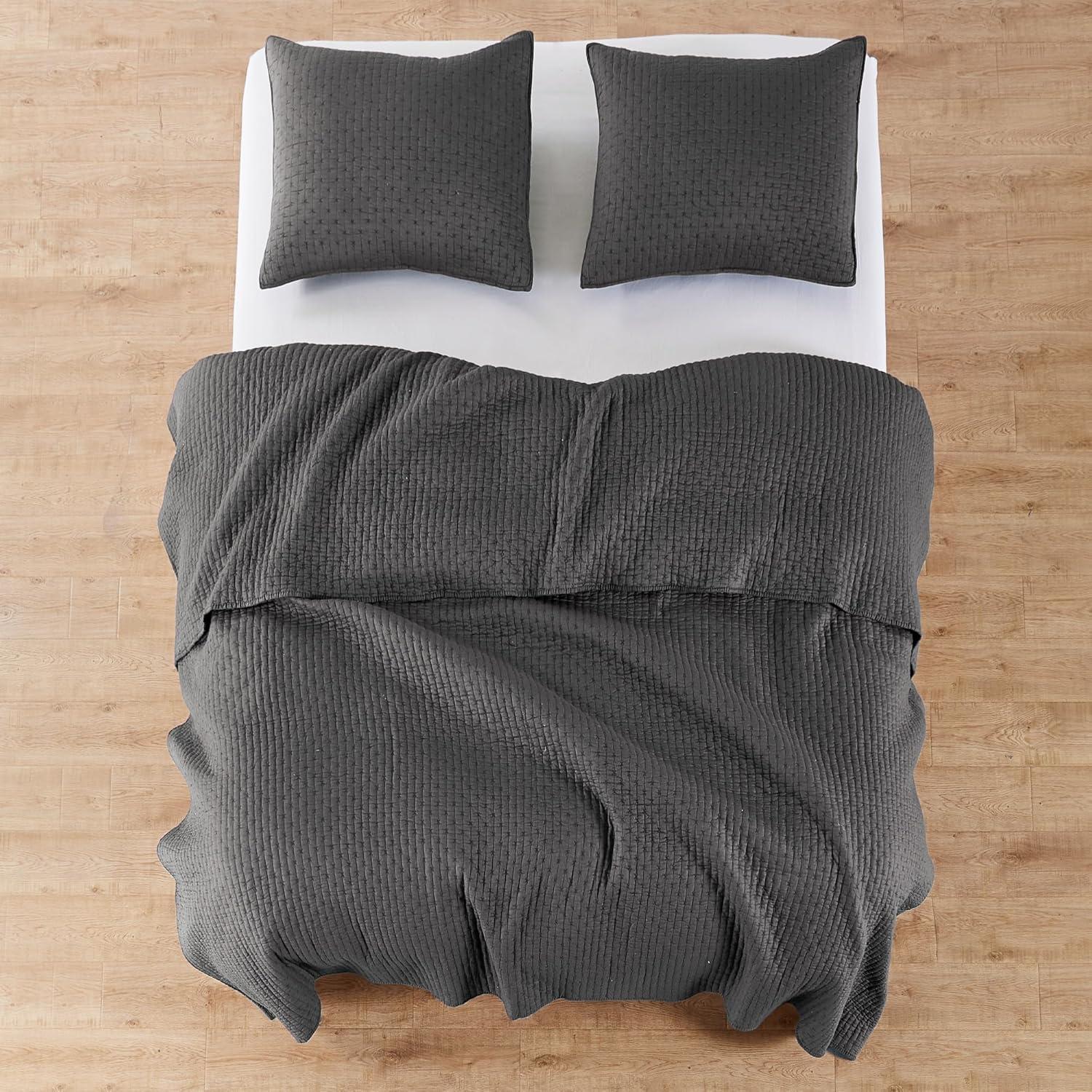 The Industrial Shop 2pc Twin Solid Quilt and Sham Bedding Set Dark Gray: Cotton Woven, Rustic Style, Machine Washable