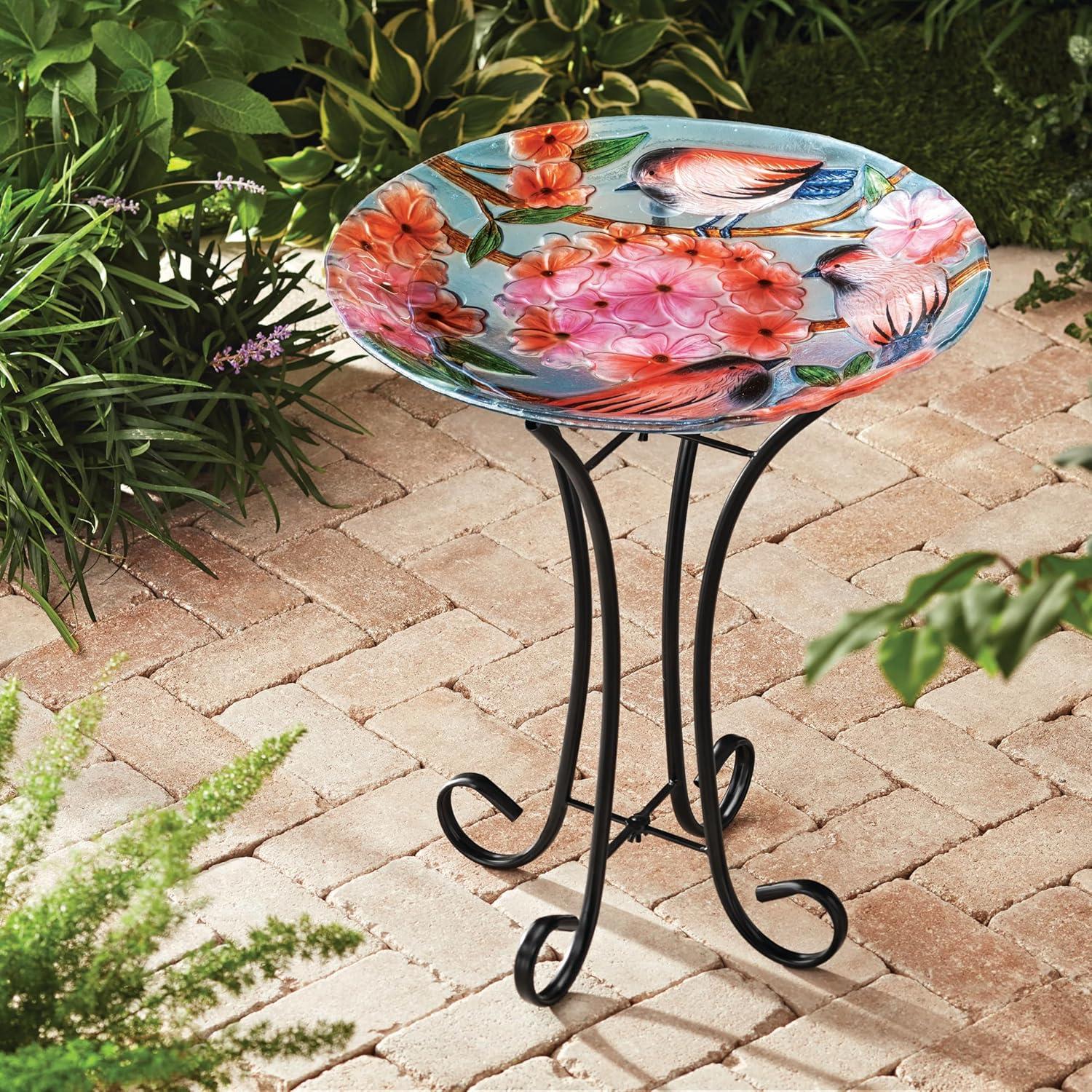 Teamson Home 17.8" Fusion Glass Bird Design Birdbath with Metal Stand, Multi