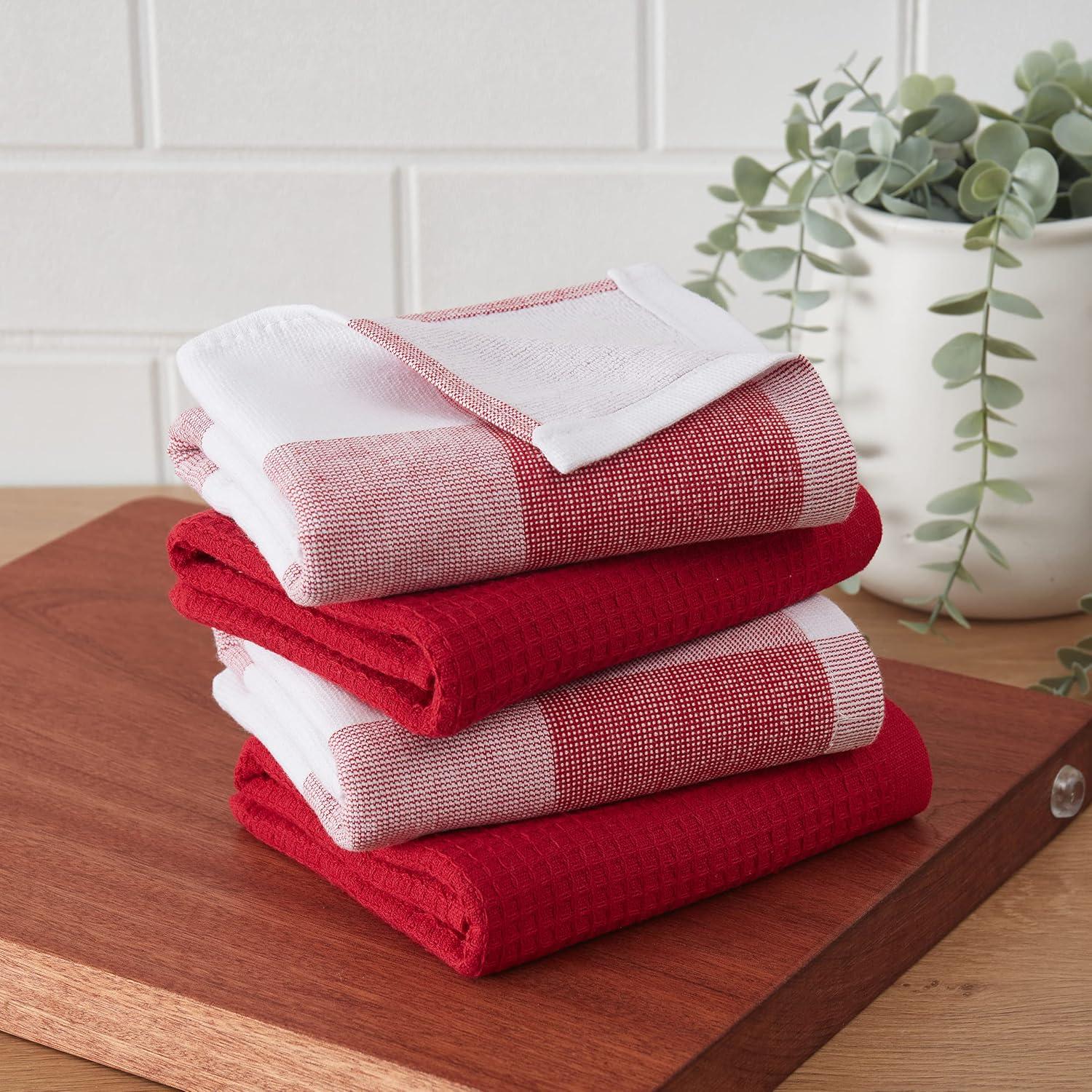 Cannon 4pk Cotton Jackson and Olivia Kitchen Towels Red: Classic Plaid & Solid Dish Towels, Waffle & Terry, Machine Washable