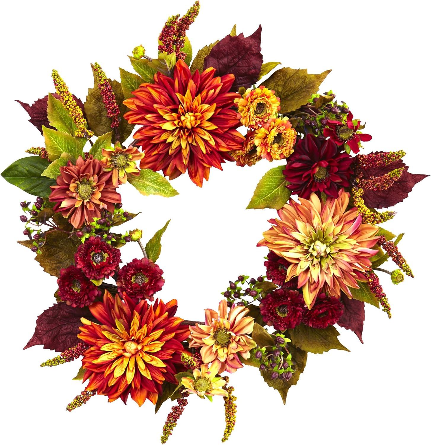 Nearly Natural 22-in Dahlia & Mum Wreath