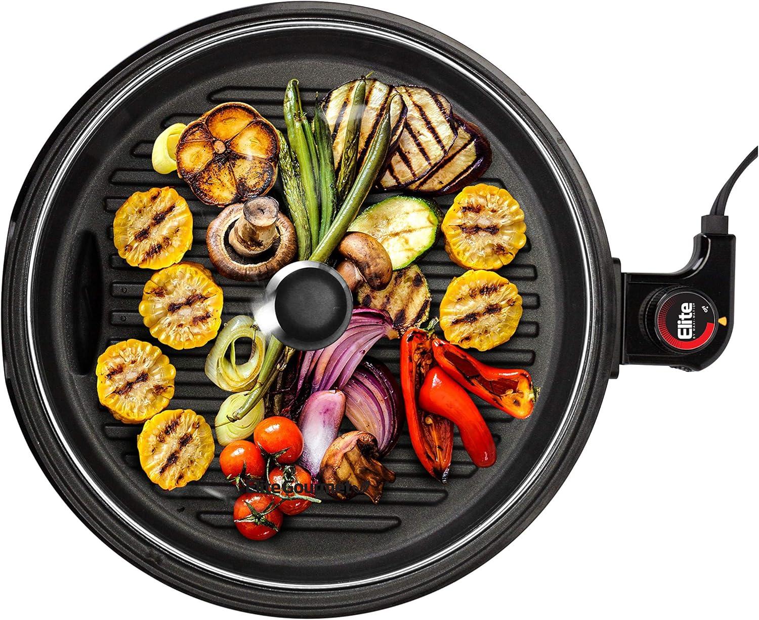 Elite Gourmet 12” Deluxe Indoor Grill with Tempered Glass Lid, Stainless Steel