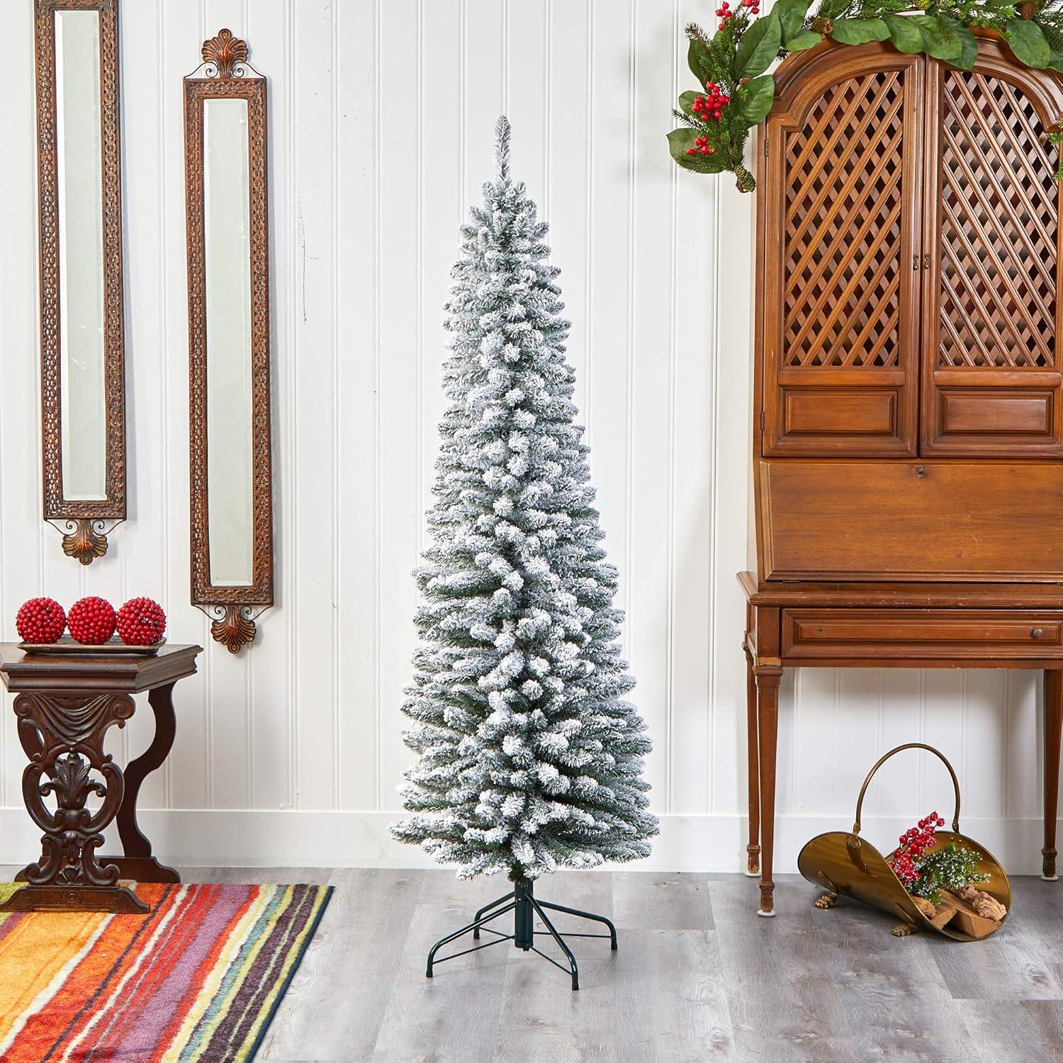 6ft Flocked Pencil Slim Artificial Christmas Tree with Metal Stand