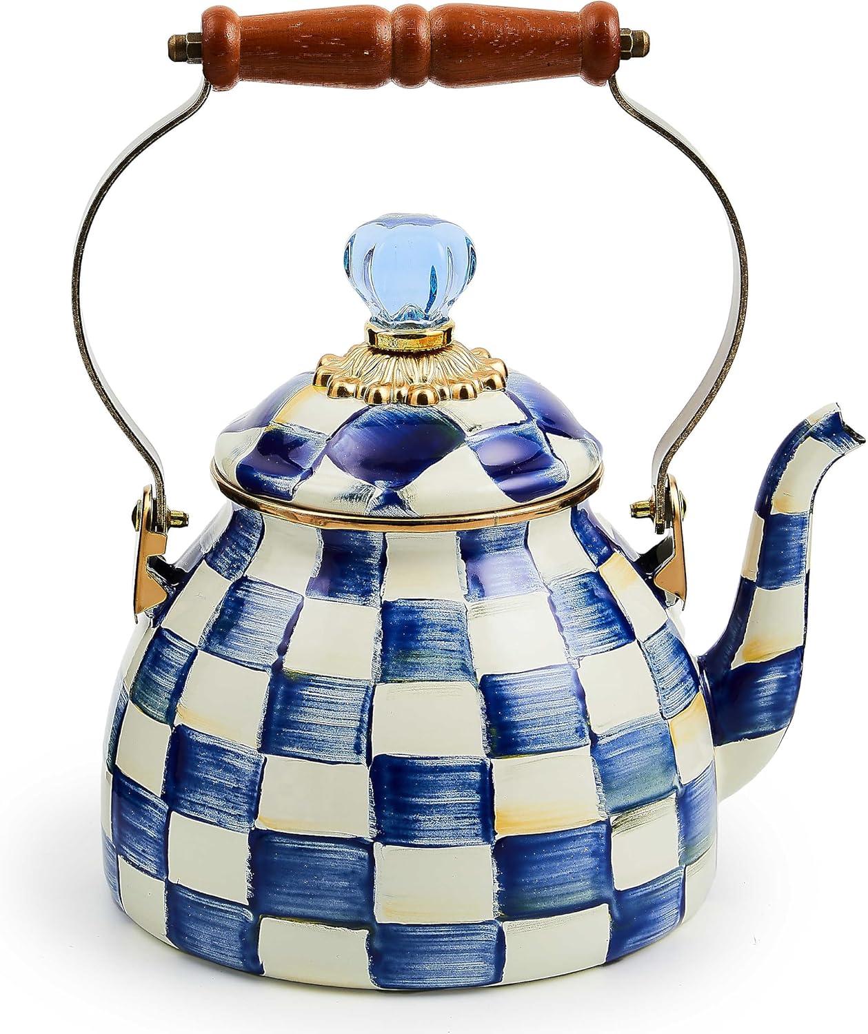 Royal Check Blue and White Enamel Extra Small Kettle