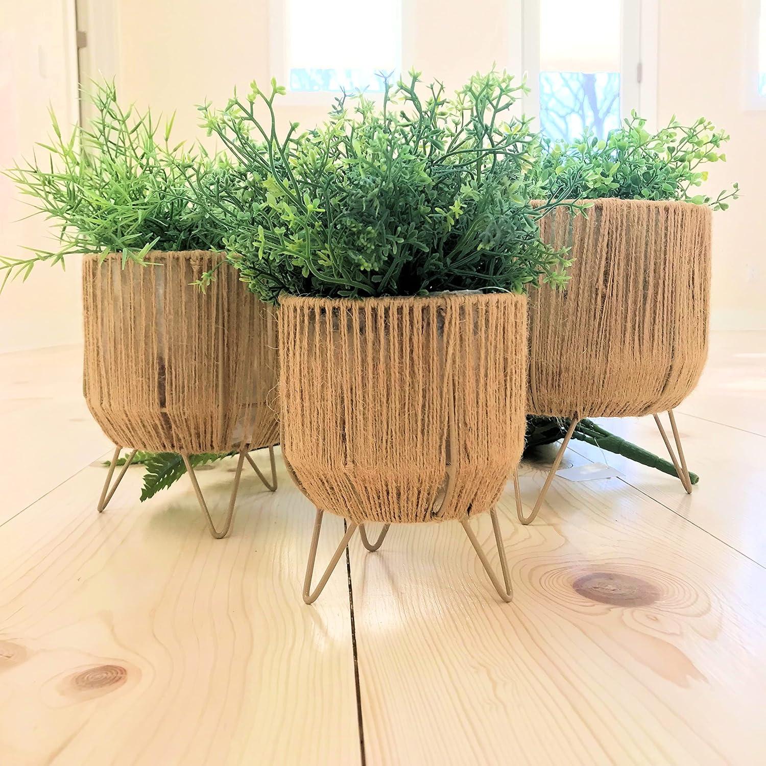 Boho Chic 3 Piece Rope Wrapped Planter Set, Natural Woven Jute, Beige Iron Framework, Plastic Lined, 6, 7 and 8 Inches, Hand Made