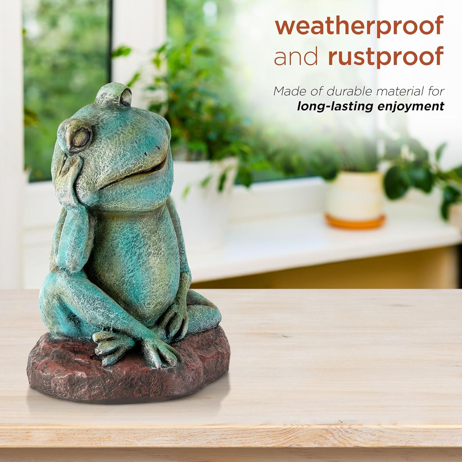 15" Magnesium Oxide Pensive Frog Statue - Alpine Corporation: Garden Decor, Zen722 Collection