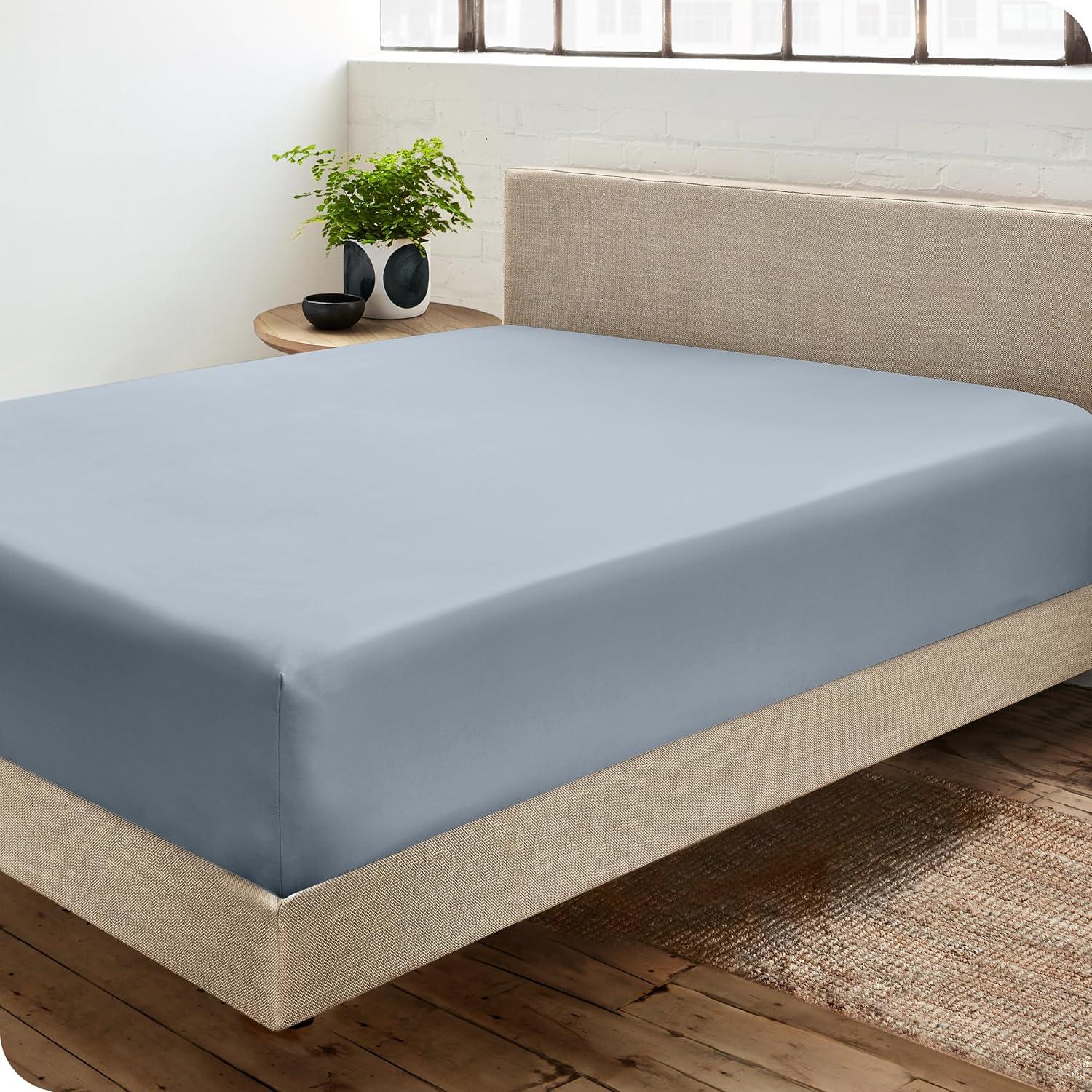 400 Thread Count Organic Cotton Sateen Queen Fitted Sheet Dusty Blue by Bare Home