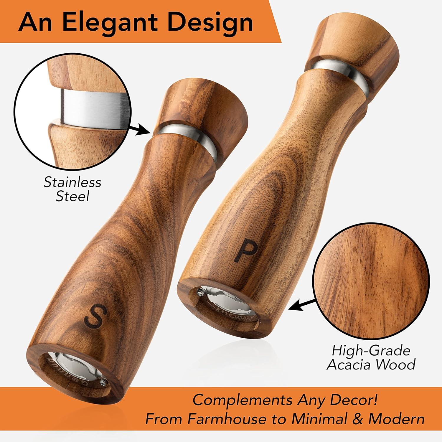 Acacia Wood Salt and Pepper Grinder Set with Stainless Steel Core