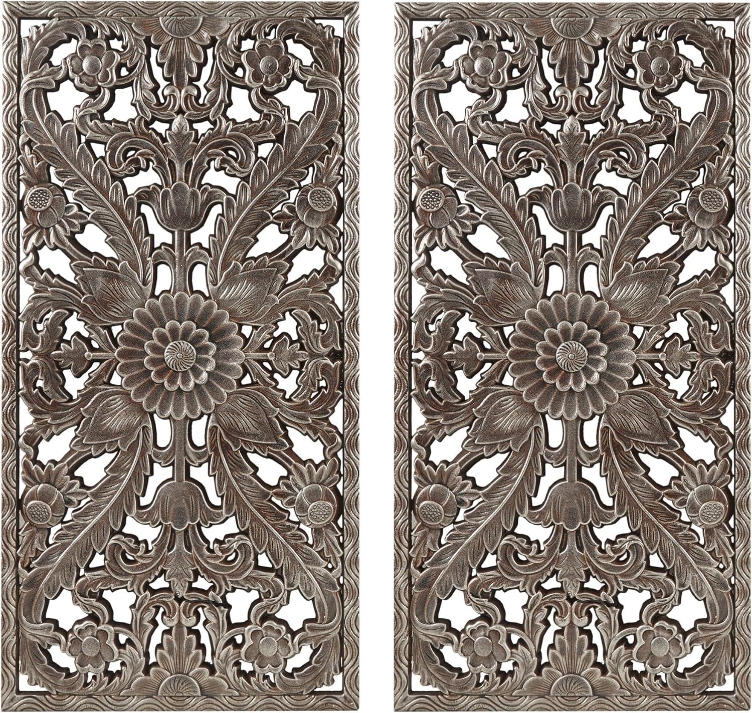 2pc Botanical Carved Wall Decor Panel Set Bronze - Madison Park: MDF Antique Finish, Vertical Orientation