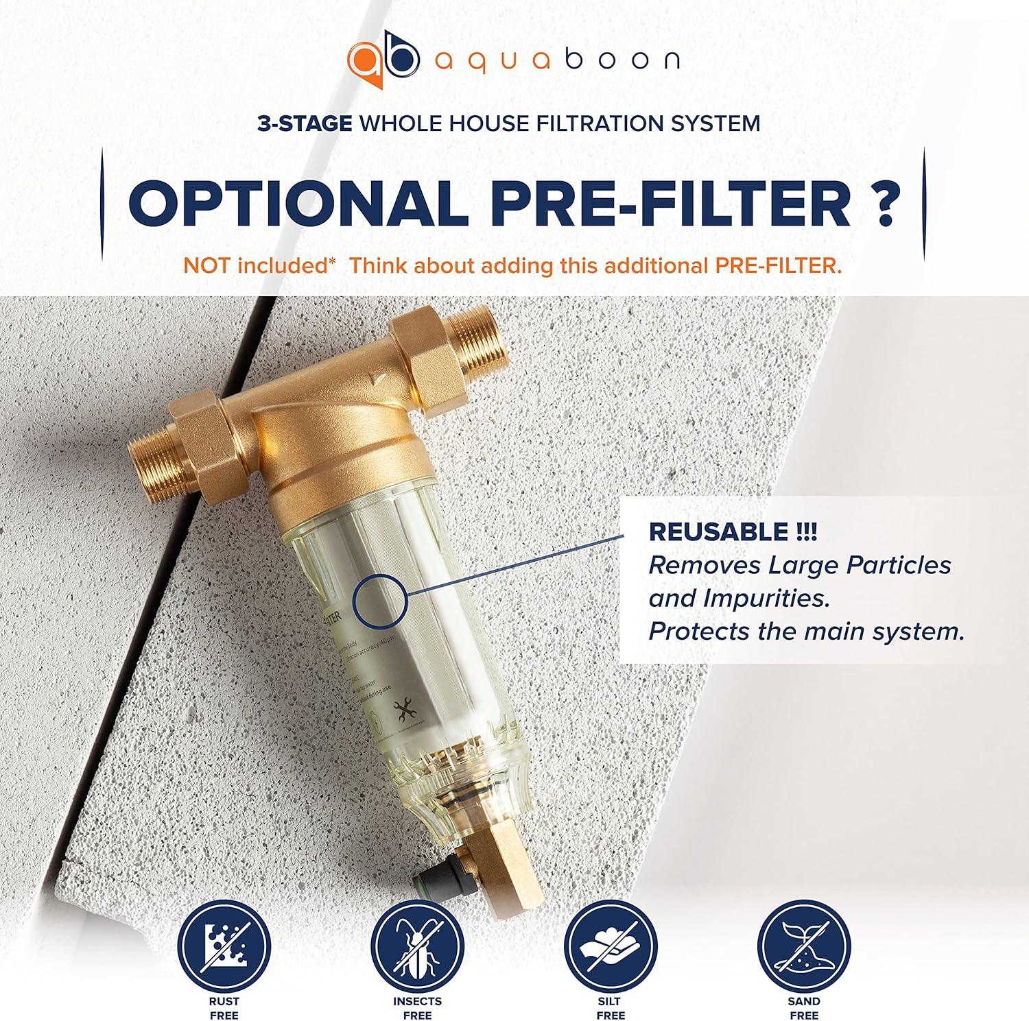 3-Stage 20" Whole House Filtration System by Aquaboon+Housing Bracket+Pressure Gauges+GAC Filter+Sediment+String Wound Sediment Filter Cartridges