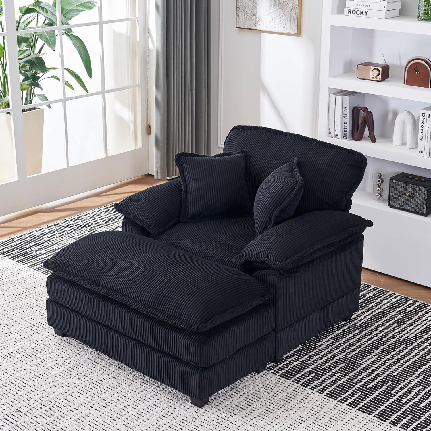 46.9" W Oversized Chair with Ottoman, Corduroy Upholstered Chaise Lounge Chair Indoor Reading Chairs Sofa Couche Oversized Comfy Chairs for Living Room, Bedroom (Corduroy Black)