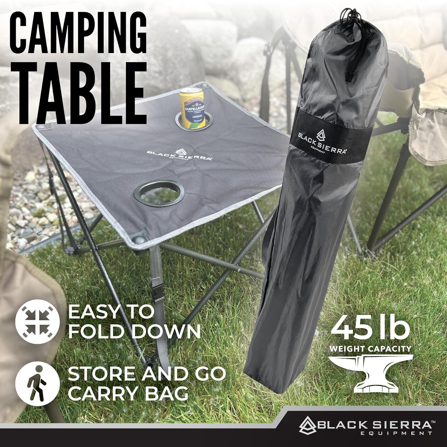 Black Sierra Foldable Camping Table w/ 2 Cup-Holders and Carry Bag, Heavy Duty Frame Supports 45lbs, Perfect for Tailgating, Compact for Storage & Transportation, Portable Outdoor Folding Table