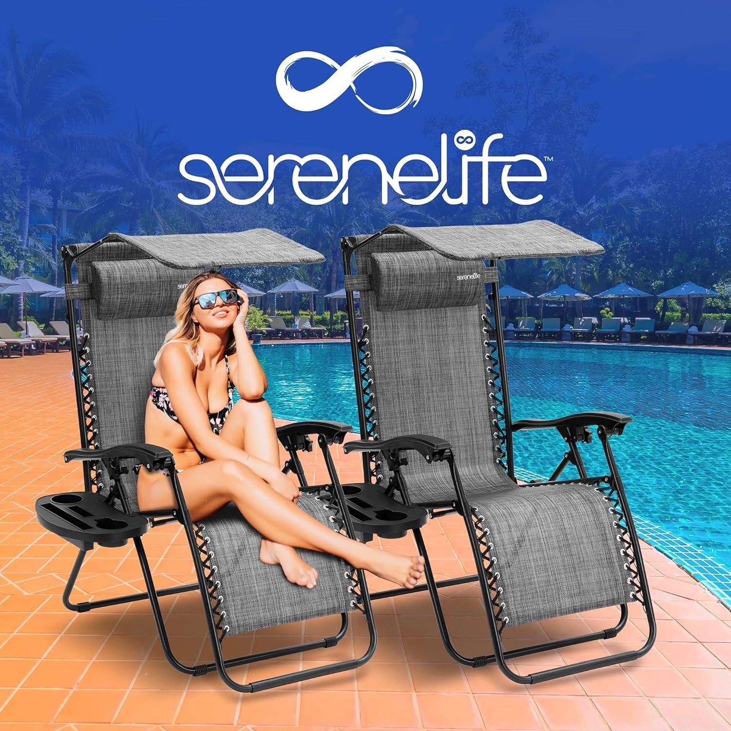 SereneLife Zero Gravity Lounge Chair, Adjustable Steel Mesh Recliners, with Canopy, Removable Pillows and Cup Holder Side Tables, Set of 2, Gray