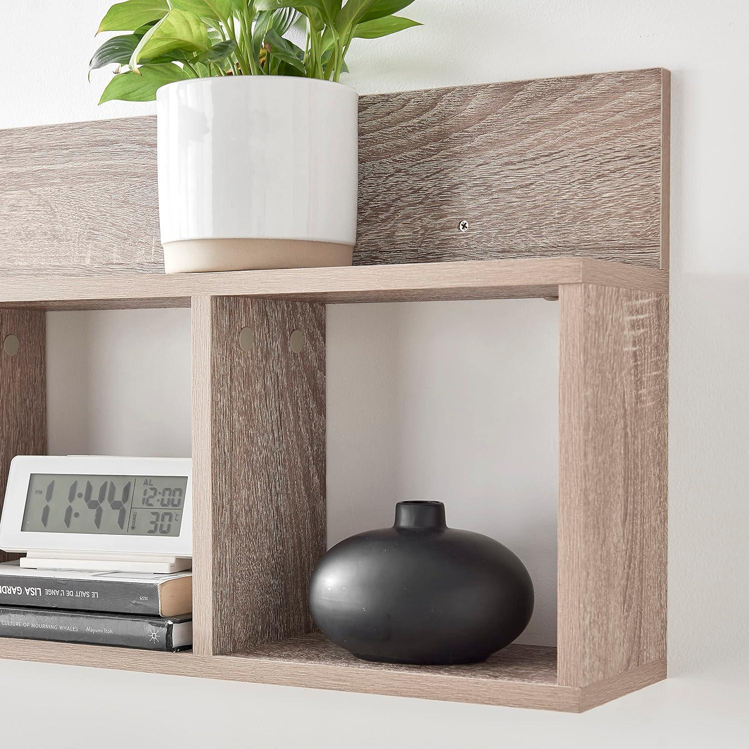 Danya B. 31.5" x 15.7" Modern 3 Cube Floating Wall Shelf with Display Ledge Weathered Oak: Laminated MDF, Iron Hardware