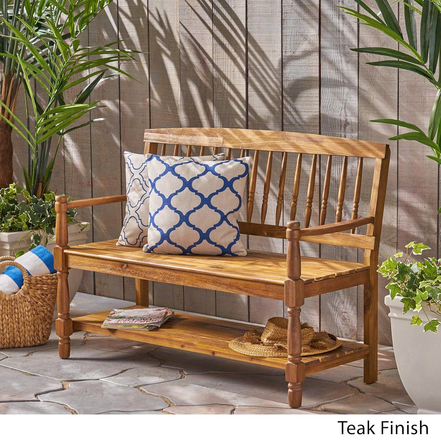 GDF Studio Kuhn Indoor/Outdoor Acacia Wood Bench with Shelf, Teak