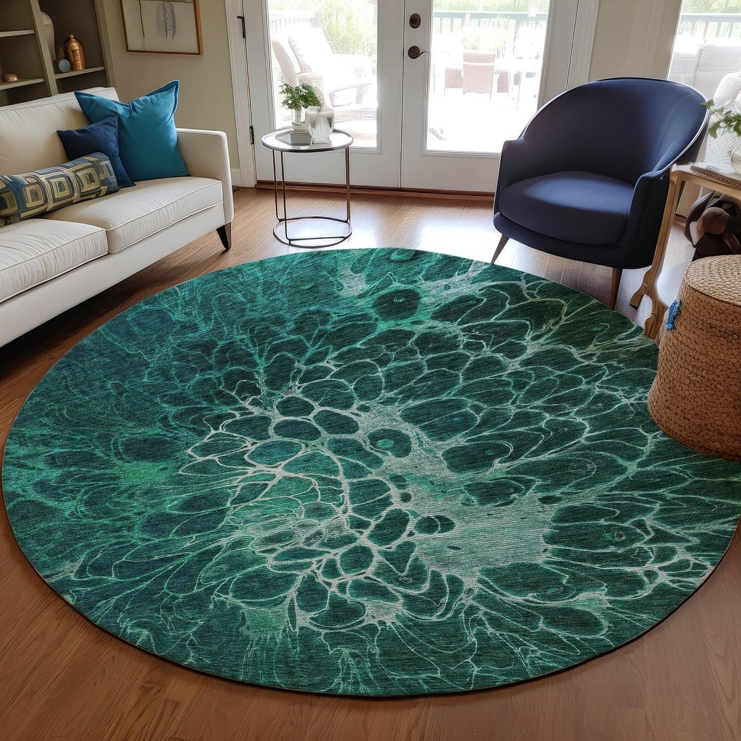 Teal Synthetic Round 8' Washable Non-slip Area Rug