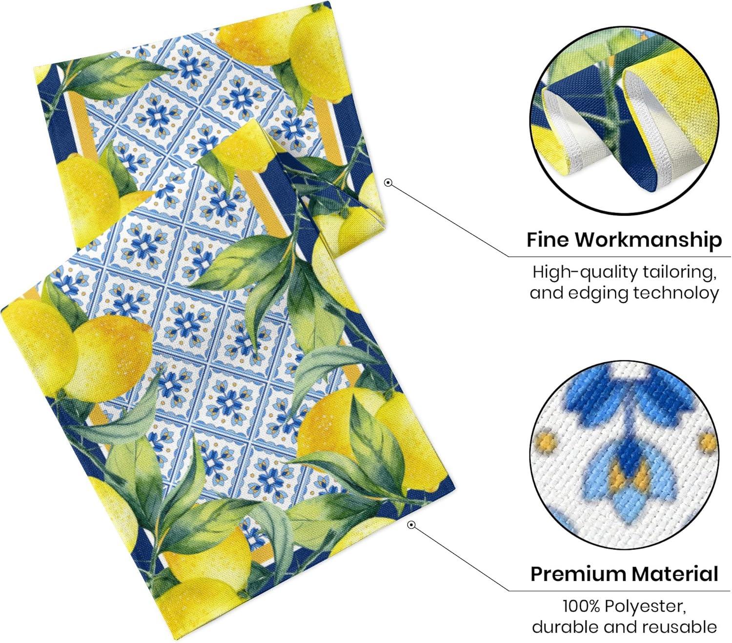 Jbralid Lemon Table Runner Spring Summer Seasonal Yellow Blue Table Runners Farmhouse Kitchen Dining Table Decoration for Indoor Outdoor Home Decor 13x72 Inch