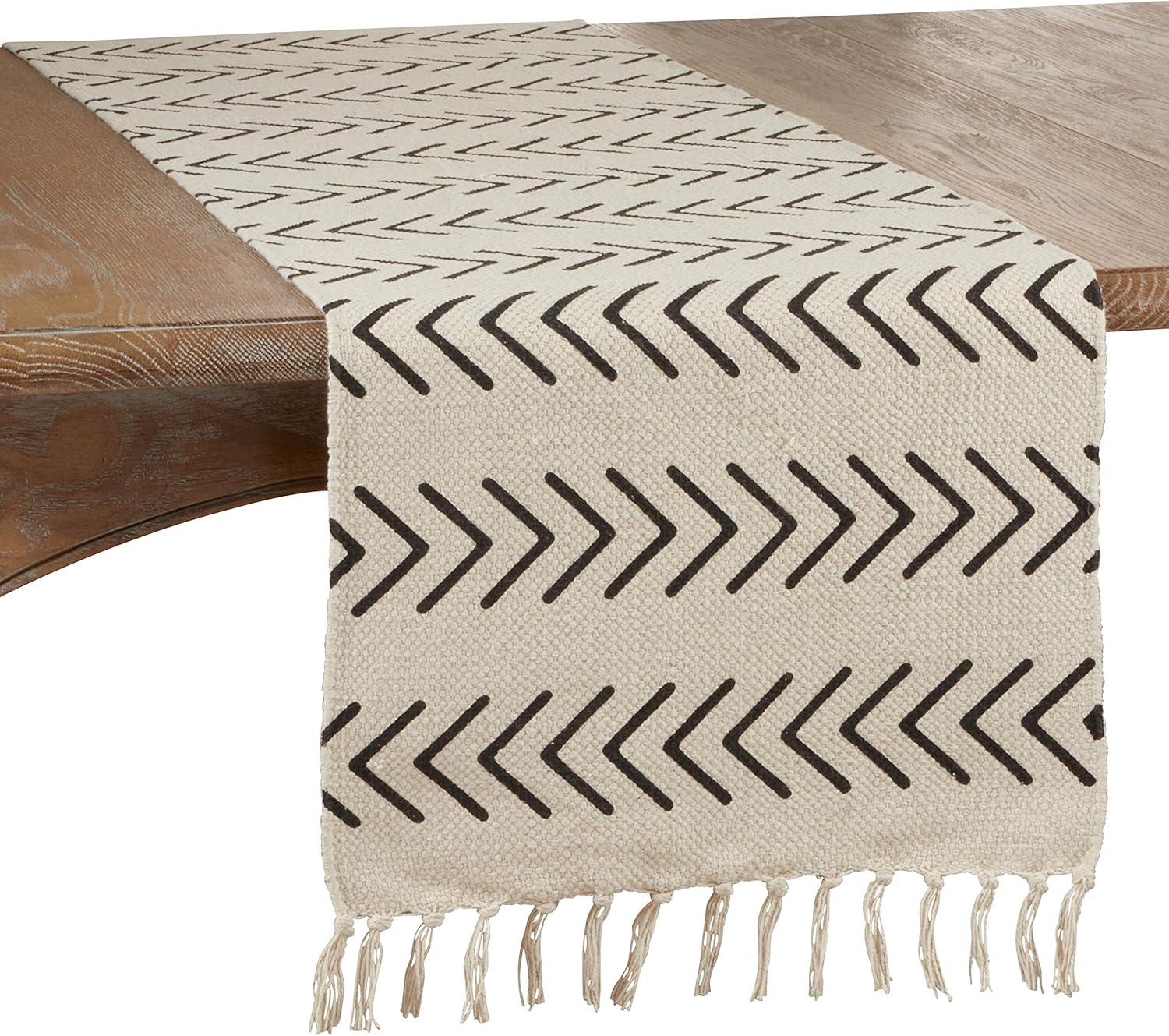 Beige Cotton Chevron Design Table Runner with Fringe