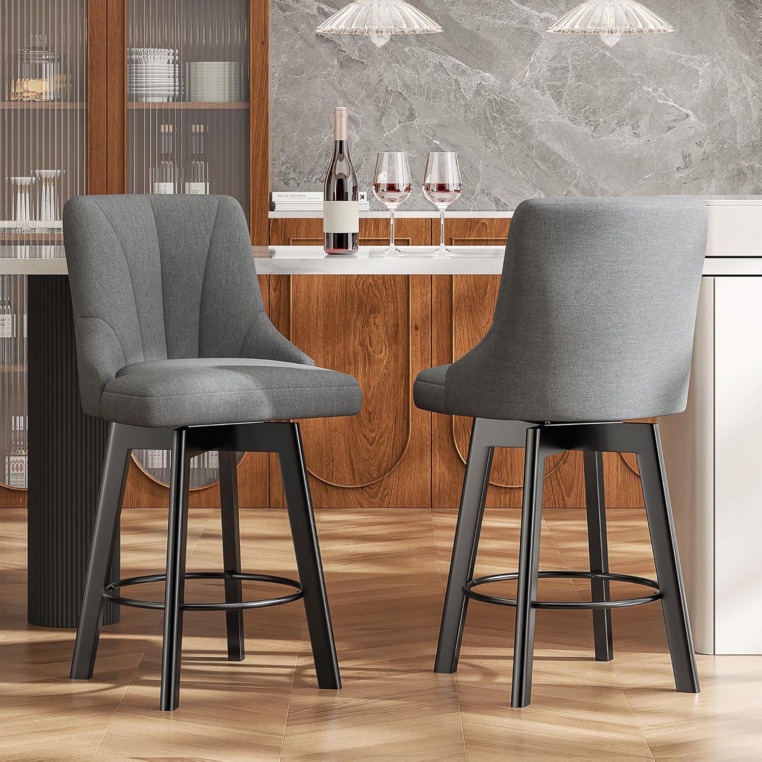 Dark Gray Fabric Upholstered Swivel Counter Stools with Wood Legs, Set of 2