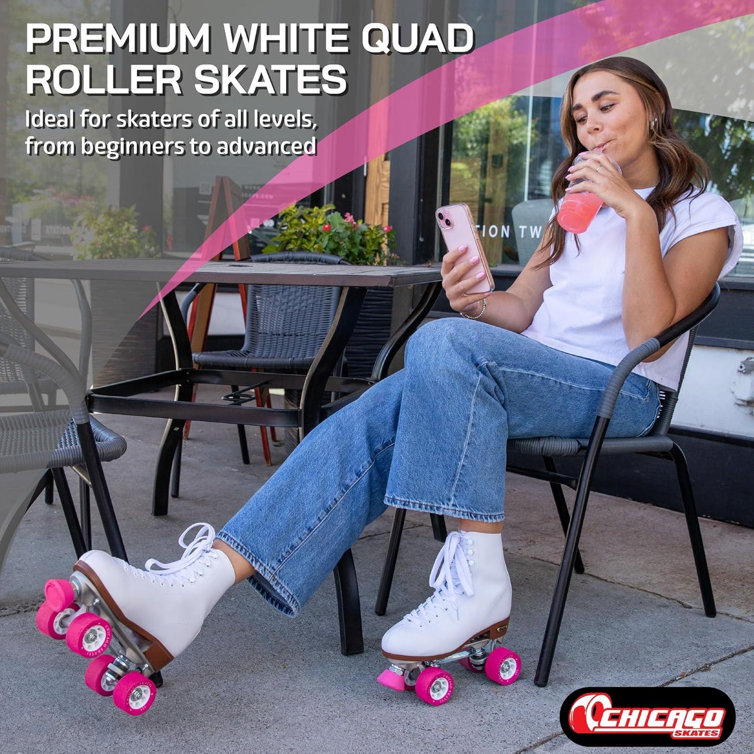 White Leather Quad Roller Skates with Pink Polyurethane Wheels