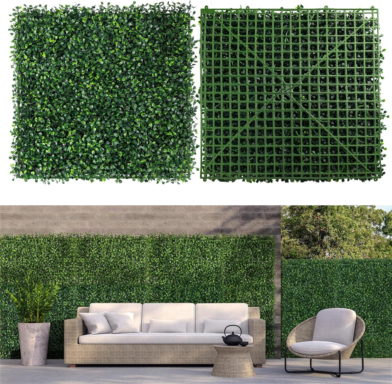 Artificial Boxwood Plant Hedge, Green Grass Backdrop, Indoor and Outdoor Use (Set of 12)