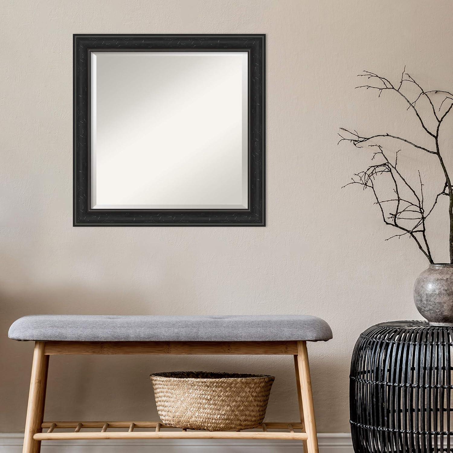 Amanti Art Beveled Bathroom Wall Mirror - Shipwreck Black Narrow Frame Outer Size: 24 x 24 in