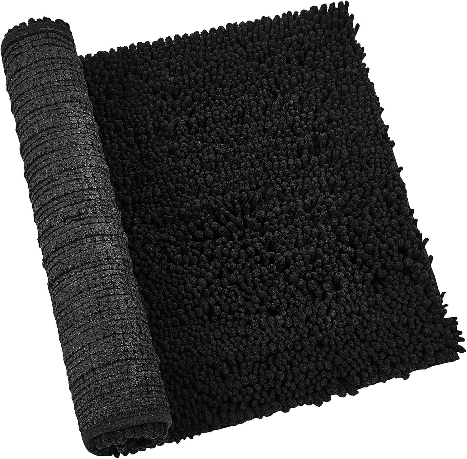 Upgrade Luxury Black Bathroom Rug Mat 20"x32", Ultra Soft Thick Absorbent Bath Mats, Non Slip Chenille Toilet Mat for Bathroom, Bedroom, Kitchen, Shower, Tub