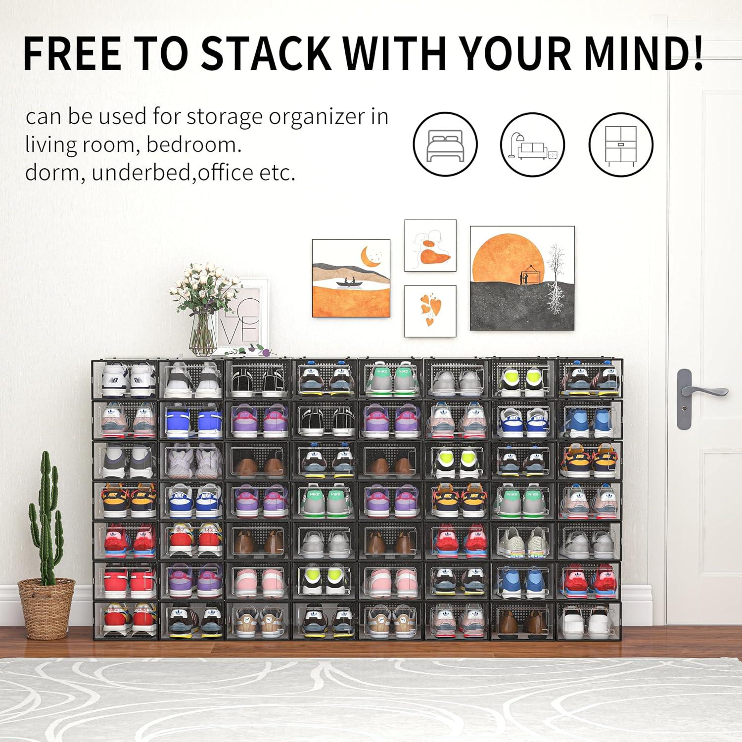 12 Pack Clear Plastic Stackable Shoe Storage Bins with Black Frame