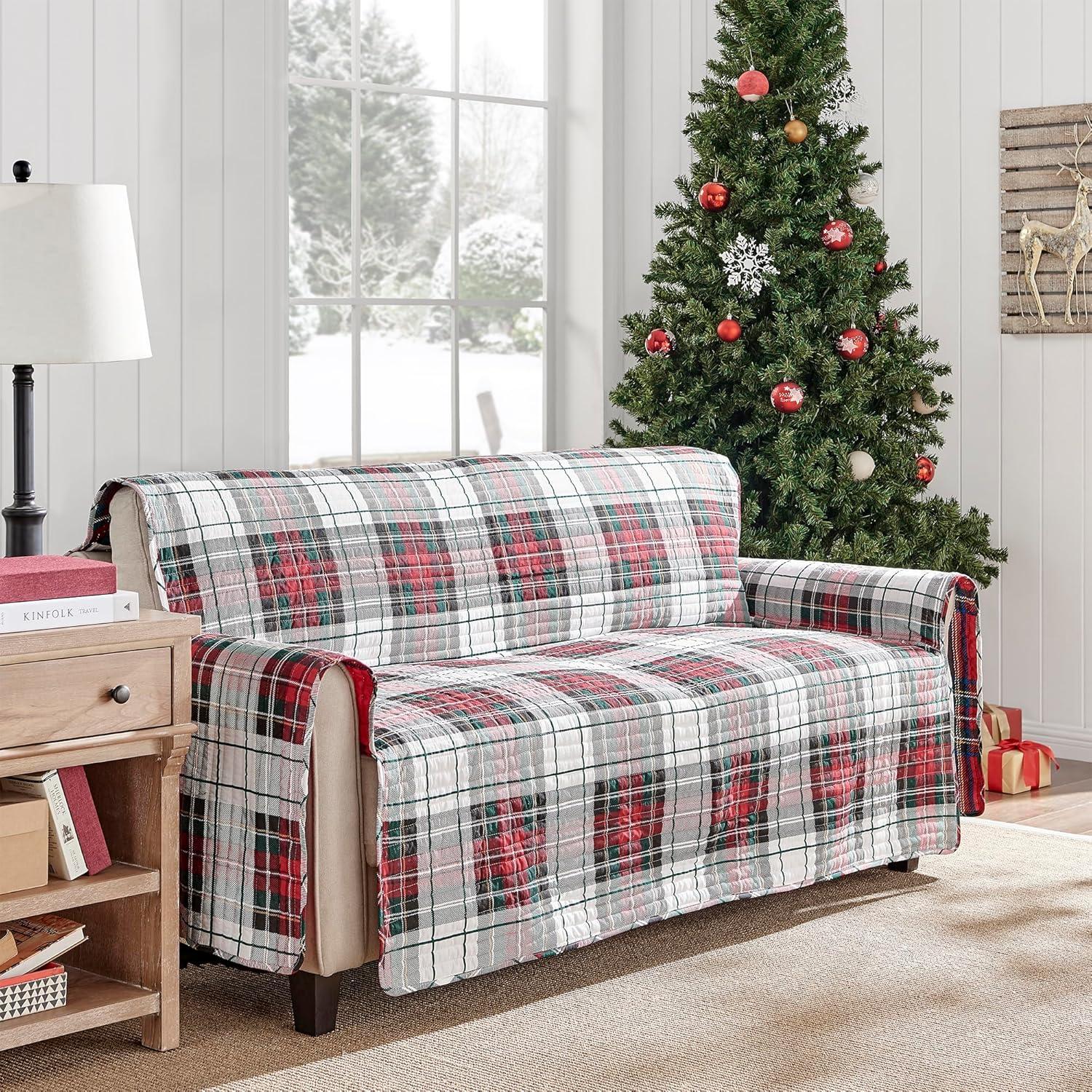 Levtex Home - Spencer Plaid Furniture Cover (Small) - 103in x 76in - Seat Up To 45in Wide- Reversible - Tartan Plaid - Red, Green, White, Blue, Gold - Cotton/Microfiber